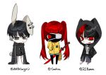  1boy 2girls :o animal_ear_piercing animal_ears bandages black_eyeshadow black_hair black_hoodie black_nails black_skin black_skirt blush_stickers brown_background chibi chibi_only choker coakira colored_skin commentary_request copyright_name cowboy_shot cross cross_necklace djkurara dress drop_shadow earrings eyepatch eyeshadow fake_animal_ears fang fangs gloom_(expression) headphones headphones_around_neck hood hood_up hooded_jacket hoodie j-core jacket jewelry kakusatsuko katana long_hair long_sleeves looking_at_viewer makeup miniskirt multicolored_hair multiple_girls necklace nurse open_mouth ozigiri pants piercing rabbit_ears rabbit_tail radioa_kurara red_eyes red_hair schlieff3n school_uniform sharp_teeth shirt short_hair shorts sign simple_background skirt sleeves_past_wrists smile spiked_choker spikes streaked_hair sword tail teeth twintails two-tone_hair upper_body weapon white_background yellow_jersey 