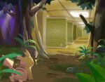  backrooms_(creepypasta) ceiling ceiling_light commentary electricity grass highres nekkoneko1026 no_humans pikachu plant pokemon pokemon_(creature) pokemon_focus rock solo tile_ceiling tiles tree 