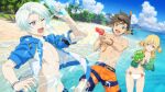  1girl 2boys aiming_at_another artist_request beach bikini blonde_hair blue_eyes blue_hair blue_hood blue_jacket blue_male_swimwear blue_sky blue_swim_trunks bow bow_bikini bracelet brown_hair closed_mouth cloud collarbone commentary day diving_mask diving_mask_on_head earrings edna_(tales) edna_(water-averse_girl)_(tales) english_commentary feather_earrings feathers game_asset goggles goggles_on_head green_eyes green_jacket holding holding_water_gun hood hooded_jacket jacket jacket_over_swimsuit jewelry looking_at_another male_swimwear mikleo_(ocean_lover)_(tales) mikleo_(tales) multicolored_bikini multicolored_feathers multicolored_jacket multicolored_male_swimwear multiple_boys muscular muscular_male navel ocean official_alternate_costume official_alternate_hairstyle official_art open_clothes open_jacket open_mouth orange_bikini orange_feathers orange_jacket orange_male_swimwear orange_swim_trunks outdoors palm_tree purple_eyes red_feathers red_scrunchie sand scrunchie short_hair short_twintails silver_bracelet sky smile smug sorey_(sea_venturer)_(tales) sorey_(tales) splashing standing strapless strapless_bikini striped_male_swimwear swim_trunks swimsuit tales_of_(series) tales_of_the_rays tales_of_zestiria teeth third-party_source tree twintails two-sided_fabric two-sided_jacket two-tone_bikini two-tone_feathers two-tone_jacket two-tone_male_swimwear upper_teeth_only wading water_gun white_bikini white_hair white_jacket 
