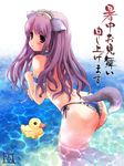  animal_ears arm_garter ass back bangs barefoot bikini blue_bikini blush breasts choker covering covering_breasts dog_ears dog_tail embarrassed flower frilled_bikini frills gradient kneeling kneepits lace long_hair looking_back maid maid_headdress medium_breasts original outdoors parted_bangs profile purple_hair red_eyes reflection ribbon rubber_duck shochuumimai side-tie_bikini signature solo string_bikini swimsuit tail thick_thighs thighs thong_bikini togusa_masamu topless translated wading water 