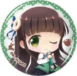  1girl ;) black_skirt blue_bow blue_bowtie blue_ribbon border bow bowtie brown_hair chibi closed_mouth collared_shirt copyright_logo copyright_notice cup donut_hair_ornament food-themed_hair_ornament glazed_donut gochuumon_wa_usagi_desu_ka? green_background green_eyes green_vest hair_ornament hair_ribbon holding holding_microphone logo long_hair long_sleeves looking_at_viewer lowres microphone official_art one_eye_closed polka_dot polka_dot_background rabbit rabbit_house_uniform ribbon round_border shirt simple_background skirt smile solo striped_bow striped_bowtie striped_clothes teacup ujimatsu_chiya vest white_background white_ribbon white_shirt 