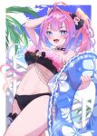  +_+ 1girl ahoge amaguri_(guri_0330) bare_shoulders bikini black_bikini black_bow blue_eyes blush border bow breasts commentary_request day fangs fingernails groin hair_bow hair_intakes heart heart-shaped_eyewear highres holding holding_swim_ring hololive hololive_dev_is innertube kikirara_vivi large_breasts long_hair looking_at_viewer multicolored_hair nail_polish navel open_mouth outdoors palm_tree pink-tinted_eyewear pink_hair pink_nails purple_hair purple_sky sky smile solo stomach streaked_hair sunglasses swim_ring swimsuit teeth thighs tinted_eyewear tongue tree twintails two-tone_hair upper_teeth_only virtual_youtuber white-framed_eyewear white_border 