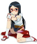  1girl belt black_hair blue_eyes bracelet chousoku_henkei_gyrozetter edamame_(buruburu) fingerless_gloves footwear frown glasses gloves hair_ornament hairclip highres jewelry knee_hug leg_hug long_hair miwa_satori panties pantyshot red-framed_glasses sandals simple_background sitting skirt socks solo sweatdrop underwear upskirt white_background white_panties 