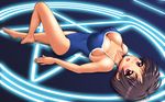  :o barefoot blush breasts brown_hair chuunibyou_demo_koi_ga_shitai! cleavage competition_school_swimsuit covered_navel highres kimuti-g large_breasts lying magic_circle one-piece_swimsuit pentagram red_eyes school_swimsuit short_hair solo sweat swimsuit tsuyuri_kumin 