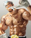  1boy abs aqua_hair armpit_hair armpit_hair_peek bandage_in_mouth bara beard_stubble belt belt_buckle black_belt blood blue_hair bruise bruise_on_face buckle chest_hair chest_sarashi dark-skinned_male dark_skin facial_hair grey_background highres injury large_pectorals male_focus mohawk multicolored_hair muscular muscular_male navel_hair nipples nosebleed original pants pectorals red_eyes sarashi short_hair simple_background solo stubble suamaru sweat thick_eyebrows topless_male two-tone_hair white_pants 