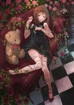  bdsm black_dress bondage bound bound_legs brown_eyes brown_hair checkered checkered_floor corded_phone couch dress flower from_above hagiwara_yukiho highres idolmaster idolmaster_(classic) knees_together_feet_apart legs looking_at_viewer lying mary_janes on_back parted_lips phone plant red_flower red_rose rose rotary_phone shoes short_hair solo stuffed_animal stuffed_toy teddy_bear thorns vines yasukura_(shibu11) 