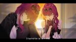  2girls artist_name bare_shoulders black_dress black_jacket black_necktie breasts closed_mouth commentary_request detached_sleeves dress dual_persona earrings eyewear_on_head finger_to_mouth gloves hair_between_eyes hand_up honkai:_star_rail honkai_(series) index_finger_raised indoors jacket jacket_on_shoulders jewelry kafka_(honkai:_star_rail) kafka_(impression)_(honkai:_star_rail) kafka_(star_rail_live_2024)_(honkai:_star_rail) knee_up large_breasts leaning_forward letterboxed long_hair looking_at_viewer multiple_girls necktie official_alternate_costume one_eye_closed parted_lips pearl_earrings purple_eyes purple_hair shirt shushing smile solo spider_web_print srpzk sun sunglasses sunset upper_body white_shirt window 