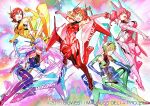  5girls armpits breasts commentary_request elbow_gloves freyja_wion gloves green_hair kaname_buccaneer macross macross_delta makina_nakajima mecha_musume mikumo_guynemer mita_chisato multiple_girls official_art orange_hair pink_hair purple_hair red_hair twintails walkure_(macross_delta) 