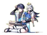  1boy 1girl anger_vein armor belt black_belt black_bodysuit black_bow black_cape black_hair black_sandals black_shorts blue_cape blue_gem blue_kimono blue_sleeves blunt_ends bodysuit boots bow bridal_gauntlets bright_pupils cape cheek_bulge closed_mouth commentary_request constellation_print covered_collarbone covering_own_mouth diamond_hair_ornament feathers floating full_body furisode furrowed_brow gem genshin_impact gold gold_halo gold_ring green_outline grey_bridal_gauntlets hair_between_eyes hair_intakes halo hand_on_own_head hand_over_own_mouth highres holding holding_quill indian_style japanese_armor japanese_clothes juban kimono korean_commentary kote kurokote layered_sleeves leg_warmers levitation long_sleeves looking_at_another mechanical_halo middle_ring object_request open_clothes open_kimono outline paimon_(genshin_impact) paper pom_pom_(clothes) purple_eyes purple_sash pyong_deog quill raised_eyebrow romper sandals sash scaramouche_(genshin_impact) shadow short_hair short_sleeves shorts shoulder_peek side_cape sideways_glance single_thighhigh sitting stirrup_legwear thighhighs toeless_legwear toes tsurime turtleneck turtleneck_bodysuit wanderer_(genshin_impact) white_background white_boots white_hair white_kimono white_leg_warmers white_pupils white_romper white_sleeves white_thighhighs white_trim wispy_bangs yellow_feathers zouri 