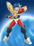  1boy android arm_mounted_weapon armored_boots arthur_(microman) blue_hair boots brown_eyes chiisana_kyojin_microman:_uborg_senki_2010 clenched_hands closed_mouth commentary_request full_body hand_up highres looking_at_viewer male_focus microman official_artist_extra oyomesandazo planet solo space standing star_(sky) 
