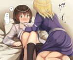  2girls black_skirt blonde_hair blush breasts brown_eyes brown_hair buttons clothes_lift commentary_request dress embarrassed eye_contact face-to-face fumei_(mugendai) lifting_another's_clothes long_hair long_sleeves looking_at_another lying maribel_hearn missing_headwear multiple_girls nose_blush on_back on_bed on_person open_mouth pillow purple_dress sash shirt shirt_lift short_hair skirt speech_bubble sweat teeth touhou translated upper_teeth_only usami_renko white_sash white_shirt yuri 