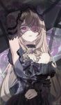  1girl absurdres animal_ears arm_belt arm_up armpits bat_ornament black_corset blush bow breasts brooch brown_hair choker commentary corset cowboy_shot english_commentary eyepatch fangs frilled_choker frills goth_fashion hair_bow heart heart_eyepatch highres indie_virtual_youtuber jewelry lace large_breasts long_hair looking_at_viewer manganeso nimi_nightmare nimi_nightmare_(goth) partially_shaded_face red_eyes ribbon shadow signature solo straight-on tapir_ears tapir_girl virtual_youtuber 