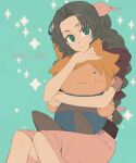  1girl aerith_gainsborough aqua_background blue_eyes braid braided_ponytail brown_hair character_pillow closed_mouth cloud_strife cropped_jacket dress feet_out_of_frame final_fantasy final_fantasy_vii green_eyes hair_ribbon highres holding holding_stuffed_toy hug invisible_chair jacket long_hair looking_at_viewer parted_bangs pink_dress pink_ribbon puffy_short_sleeves puffy_sleeves red_jacket ribbon shiyu.jyoukou short_sleeves sidelocks single_braid sitting sketch smile solo sparkle stuffed_toy twitter_username 