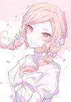 1other akiyama_mizuki bow braid breasts cherry_blossoms closed_mouth commentary dress dress_bow falling_petals flower hair_flower hair_ornament high_collar highres juliet_sleeves leahy1230 long_hair long_sleeves looking_at_viewer low_twin_braids official_alternate_costume official_alternate_hairstyle other_focus parted_bangs pearl_hair_ornament petals pink_eyes pink_hair pink_petals project_sekai puffy_sleeves ribbon rose saihate_e_to_tobu_kimi_e_(project_sekai) sidelocks simple_background smile solo twin_braids untranslatable_commentary upper_body white_background white_dress white_flower white_ribbon white_rose 