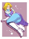  1girl armlet ass blonde_hair boots border breasts commentary_request curtained_hair drop_shadow elbow_gloves era_quinstein eyelashes f_a full_body gloves high_heel_boots high_heels jewelry long_hair lying purple_background purple_eyes purple_shawl scarf shawl simple_background solo thick_thighs thighs uchuu_senshi_baldios white_boots white_border white_gloves white_scarf 