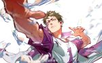  1boy chinese_commentary closed_mouth commentary_request falling_feathers feathers green_hair haikyuu!! highres jacket jacket_on_shoulders male_focus parted_lips shiratorizawa_volleyball_uniform short_hair simple_background solo track_jacket upper_body ushijima_wakatoshi watermark weibo_username weibo_watermark white_background yuan_jessie0430 