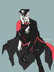  1boy adjusting_clothes adjusting_headwear alternate_hair_length_(shorter) boots cape commentary_request crossed_legs full_body hat highres invisible_chair jacket jojo_no_kimyou_na_bouken knee_boots leone_abbacchio limited_palette male_focus necktie official_alternate_hairstyle police_hat red_cape sitting solo touyama_maki twitter_username vento_aureo 