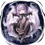  1girl absurdres black_bow black_nails black_skirt black_thighhighs blush bow breasts commentary_request dasom frilled_skirt frills goddess_of_victory:_nikke hair_between_eyes hair_bow highres jellyfish jellyfish_girl lace lace_sleeves liberalio_(dreaming_lake)_(nikke) liberalio_(nikke) long_sidelocks long_sleeves looking_at_viewer medium_breasts official_alternate_costume open_mouth outstretched_arms presenting_foot presenting_own_foot purple_hair reaching reaching_towards_viewer red_eyes short_hair_with_long_locks sidelocks skirt soles solo teeth thighhighs upper_teeth_only 