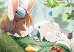  1boy animal animal_ears animal_on_stomach blue_butterfly brown_eyes brown_hair bug butterfly commentary flower furry furry_male goggles goggles_on_head green_jacket hair_between_eyes highres holding holding_flower jacket lying male_focus moss nature noses_touching original outdoors pontarowo profile rabbit rabbit_boy rabbit_ears smile solo untranslatable_commentary white_flower white_fur zipper_pull_tab 