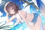  1girl absurdres bare_shoulders beach bikini blush breasts brown_hair cleavage collarbone commentary cowboy_shot danganronpa_(series) danganronpa_2:_goodbye_despair frilled_bikini frills hair_ornament hand_in_own_hair highres large_breasts leaning_forward looking_at_viewer medium_hair midriff nanami_chiaki navel ocean palm_tree papu_(papu1006) parted_lips pink_eyes solo surfboard swimsuit thighs tree untranslatable_commentary water white_bikini 
