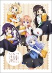 5girls :o :q angora_rabbit back_ribbon black_hairband black_pantyhose black_ribbon black_shoes black_skirt blonde_hair blue_bow blue_bowtie blue_eyes blue_hair blue_shoes blue_vest boots border bow bowtie brown_background brown_boots brown_hair brown_pantyhose collared_shirt copyright_logo copyright_name copyright_notice eating flower food full_body gochuumon_wa_usagi_desu_ka? green_bow green_bowtie green_eyes green_vest hair_flower hair_ornament hair_ribbon hairband hairclip hoto_cocoa kafuu_chino kirima_syaro logo long_hair long_sleeves looking_at_viewer medium_hair multiple_girls official_art open_mouth orange_bow orange_bowtie orange_hair pantyhose parallel_hairclips parted_lips pink_vest popcorn purple_bow purple_bowtie purple_eyes purple_hair purple_vest rabbit rabbit_house_uniform red_bow red_bowtie ribbon shirt shoes short_hair skirt striped_background tedeza_rize tippy_(gochiusa) tongue tongue_out twintails ujimatsu_chiya vest white_border white_ribbon white_skirt x_hair_ornament yellow_vest 
