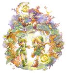  1girl belt blonde_hair boots deku flute forest grass green_footwear green_hair hat holding_hands in_tree instrument lantern link mask music musical_note nature navi open_mouth playing_instrument pointy_ears saria shield sitting sitting_in_tree skull_kid straw_hat sword the_legend_of_zelda the_legend_of_zelda:_ocarina_of_time traditional_media tree vio_(dry-trail) watercolor_(medium) weapon wristband young_link 
