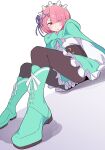  1girl absurdres aqua_boots aqua_cloak aqua_skirt ascot blush boots brown_corset brown_pantyhose cloak closed_mouth commentary_request corset eyes_visible_through_hair frilled_skirt frills full_body hair_over_one_eye hair_ribbon headdress highres knee_boots looking_at_viewer noyama_takenoko official_alternate_costume pantyhose pink_ascot pink_eyes pink_hair purple_ribbon ram_(re:zero) re:zero_kara_hajimeru_isekai_seikatsu ribbon shadow shirt short_hair simple_background sitting skirt solo white_background white_shirt 