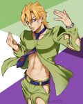  1boy blonde_hair blue_necktie commentary_request cowboy_shot dated earrings food_print fruit_print green_jacket green_pants highres hip_bones jacket jewelry jojo_no_kimyou_na_bouken male_focus navel necktie pannacotta_fugo pants parted_lips purple_eyes solo strawberry_print stud_earrings touyama_maki twitter_username vento_aureo watch wristwatch yellow_lips 