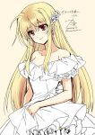  1girl 2026 bare_shoulders blonde_hair closed_mouth collar commentary_request cowboy_shot dated dress earrings fate_testarossa flower hair_between_eyes hair_flower hair_ornament jewelry kanna_(plum) long_hair long_sidelocks looking_at_viewer lyrical_nanoha mahou_shoujo_lyrical_nanoha_strikers off-shoulder_dress off_shoulder red_eyes sidelocks signature simple_background smile solo twitter_username upper_body wedding_dress white_dress white_flower wispy_bangs yellow_background 