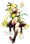  absurdres bad_id bad_pixiv_id boots breasts character_name cleavage detached_sleeves elsword flower full_body green_hair green_sleeves hair_flower hair_ornament highres knee_boots large_breasts lily_(flower) limble long_hair one_eye_closed ponytail rena_(elsword) sitting skirt smile solo white_background wind_sneaker_(elsword) yellow_eyes 