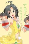  antenna_hair bare_shoulders black_eyes black_hair bra dress hand_puppet idol idolmaster idolmaster_(classic) idolmaster_2 kikuchi_makoto navel_cutout non-web_source puppet short_hair smile solo taira_tsukune translated underwear vital_sunflower yellow_dress 