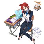  1girl belt blue_jacket blue_necktie blue_pants book breasts chair desk glasses high_heels holding honkai_(series) honkai_impact_3rd jacket murata_himeko murata_himeko_(remedial) necktie official_art open_book open_clothes open_jacket pants red_hair school_desk shirt sitting solo third-party_source transparent_background white_shirt 