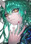  1girl 33_gaff absurdres arknights black_jacket closed_mouth commentary_request fingernails green_hair hair_between_eyes hand_up highres horns hoshiguma_(arknights) hoshiguma_the_breacher_(arknights) jacket long_hair looking_at_viewer portrait red_nails scar scar_on_cheek scar_on_face simple_background single_horn skin-covered_horns solo white_background yellow_eyes 