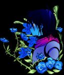  1other armor black_background black_hair blue_flower blue_rose blue_skin colored_skin commentary deltarune english_commentary flower from_side highres kris_(dark_world)_(deltarune) kris_(deltarune) other_focus plant red_eyes rose senby short_hair utdr_(toby_fox) vines 