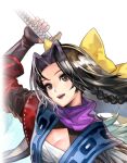  1girl another_eden another_eden_art_team arm_up azami_(another_eden) black_gloves black_hair bow braid breasts brown_eyes cleavage curtained_hair fingerless_gloves gloves hair_bow holding holding_weapon japanese_clothes katana kimono long_hair long_sleeves looking_at_viewer lowres medium_breasts official_art open_mouth purple_scarf samurai sarashi scarf side_braid simple_background smile solo sword tachi-e teeth third-party_source transparent_background upper_body upper_teeth_only variant_set weapon yellow_bow 