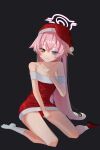  1girl absurdres alternate_costume blue_archive blue_eyes breasts commentary_request hair_between_eyes halo hat heterochromia highres hoshino_(blue_archive) karmag0126 long_hair panties pink_hair pink_halo red_panties santa_costume santa_hat sitting small_breasts solo thighs transparent_background underwear wariza yellow_eyes 