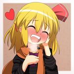 alternate_costume blonde_hair blush cato_(monocatienus) closed_eyes contemporary fang food hair_ribbon hand_on_own_cheek heart long_sleeves open_mouth ribbon rumia scarf shirt short_hair smile solo steam striped striped_shirt sweet_potato teeth touhou upper_body 