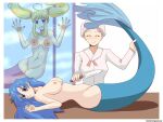  3girls against_glass ahoge blonde_hair blue_eyes blue_hair blush breast_press breasts breasts_on_glass cannibalism clenched_teeth closed_eyes collarbone commentary corpse death empty_eyes english_commentary ero_guro fins fish_tail fish_tank full_body groin guro hand_on_glass highres houshou_hanon houshou_hanon_(mermaid) knife long_hair looking_to_the_side lying medium_breasts merfolk merfolk_out_of_environment mermaid mermaid_melody_pichi_pichi_pitch monster_girl multiple_girls nanami_lucia nanami_lucia_(mermaid) navel nipples nude on_back pussy smile submerged tail teeth topless_female twintails veiled616 very_long_hair water_tank white_hair 