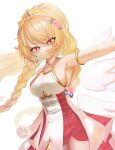  1girl :3 absurdres armlet armpits blonde_hair breasts bright_pupils clenched_hand closed_mouth commentary_request detached_wings dress earrings erpin_(trickcal) fang gold_armlet gold_trim halter_dress halterneck highres hyeun_e jewelry korean_commentary large_breasts looking_at_viewer red_dress red_eyes sideboob simple_background smile solo standing star-shaped_pupils star_(symbol) symbol-shaped_pupils tiara trickcal two-tone_dress v-shaped_eyebrows white_background white_dress white_pupils wings 