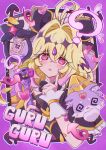  1girl ? @_@ absurdres blonde_hair commentary_request cure_arcana_shadow hair_intakes highres holding holding_staff long_hair magical_girl mashu-tan meitantei_precure! moria_luluka musclemamayade precure purple_background purple_eyes sound_effects staff upper_body 