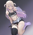  1girl :d belt black_collar black_sports_bra black_thighhighs blonde_hair blunt_bangs boots collar colored_inner_hair commentary d5y0m dated_commentary detached_sleeves flat_chest gloves gradient_background highleg highleg_panties highres hololive hololive_dev_is jewelry long_hair looking_at_viewer multicolored_hair navel official_alternate_costume official_alternate_hairstyle open_mouth panties partially_fingerless_gloves purple_boots purple_eyes purple_hair purple_streaks see-through_clothes see-through_sleeves sidelocks simple_background single_detached_sleeve single_glove single_thighhigh sitting smile solo sports_bra stomach streaked_hair teeth thighhighs thighlet todoroki_hajime todoroki_hajime_(black_aurora) two_side_up underwear upper_teeth_only virtual_youtuber white_belt 