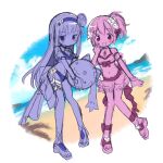  2girls akemi_homura akemi_homura_(splashin'_kyubey_blast) ankle_bow anklet back_bow ball beach beachball bikini bikini_skirt blue_sky blush_stickers border bow bracelet bubble_skirt character_ball chest_jewel choker cloud commentary day detached_sleeves diamond_hair_ornament flower footwear_flower full_body hair_bow hair_flower hair_ornament hand_jewel hand_on_own_cheek hand_on_own_face happy hibiscus highres holding holding_ball hyacinth ikuchi_osutega jewelry kaname_madoka kaname_madoka_(swimsuit_ver.) kyubey lace-trimmed_skirt lace_trim long_hair looking_at_viewer magia_record:_mahou_shoujo_madoka_magica_gaiden mahou_shoujo_madoka_magica mahou_shoujo_madoka_magica_magia_exedra miniskirt multiple_girls multiple_monochrome navel ocean open_mouth outdoors outside_border pink_theme platform_sandals puffy_short_sleeves puffy_sleeves purple_theme round_border sandals see-through_clothes see-through_skirt see-through_sleeves short_hair short_side_ponytail short_sleeves side_ponytail sketch skirt sky smile standing stomach straight_hair swimsuit tareme toes untranslatable_commentary very_long_hair white_border white_flower 