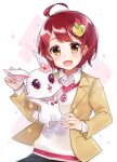  1girl :d ahoge brown_eyes cherry commentary_request food fruit hair_ornament jacket jewelpet_(creature) jewelpet_(series) jewelry kawagami_raito kougyoku_rinko long_sleeves necklace open_clothes open_jacket rabbit red_hair ruby_(jewelpet) shirt smile standing white_shirt 