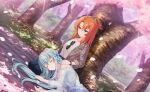  2girls against_tree black_border blue_eyes blue_hair blush border breasts cherry_blossoms closed_eyes commentary_request eyewear_hang falling_leaves falling_petals flower game_asset hair_flower hair_ornament hanami hand_on_another's_head highres jacket lap_pillow leaf lilja_kurtbay long_hair multiple_girls non-web_source official_art orange_hair outdoors pants petals petals_on_liquid picnic plaid_clothes plaid_shirt ponytail ramona_wolf river self-datamine shirt sitting skirt sleeping smile spring_(season) sunglasses tree under_tree unworn_eyewear wind world_dai_star yuri 