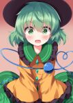  1girl black_hat blush buttons commentary_request diamond_button disembodied_linked_eye floral_print floral_print_skirt frilled_sleeves frills green_eyes green_hair green_skirt hat highres komeiji_koishi looking_at_viewer open_mouth print_skirt rose_print ruu_(tksymkw) shirt short_hair skirt solo surprised sweat touhou yellow_shirt 
