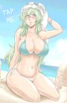  1girl absurdres bikini bleach blue_sky bracelet breasts brown_eyes cloud commentary dithering dondochakka_birstanne dutch_angle english_commentary facial_mark green_hair highres holding holding_towel ivizard jewelry large_breasts light_smile meme mismatched_bikini navel nelliel_tu_odelschwanck ocean parted_lips pesche_guatiche sand_sculpture side-tie_bikini_bottom sideboob sitting skull_on_head sky solo swimsuit tap_me_(meme) towel yokozuwari 