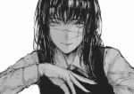  1girl absurdres black_hair black_ribbon chainsaw_man collared_shirt commentary dress_shirt eyelashes fourth_east_high_school_uniform greyscale hand_up highres kizuru09 light_smile long_sleeves looking_at_viewer monochrome neck_ribbon ribbon ringed_eyes scar scar_on_cheek scar_on_face scar_on_nose school_uniform shirt sidelocks solo thick_eyebrows white_background yoru_(chainsaw_man) 