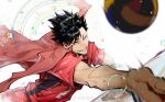  1boy ball black_hair chinese_commentary closed_mouth commentary_request haikyuu!! highres jacket jacket_on_shoulders kuroo_tetsurou male_focus nekoma_volleyball_uniform red_jacket short_hair simple_background solo teeth track_jacket volleyball_(object) watermark weibo_username weibo_watermark white_background yuan_jessie0430 
