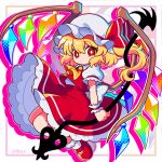  1girl absurdres ascot back_bow blonde_hair bow bright_pupils collared_shirt commentary_request crystal crystal_wings flandre_scarlet frilled_shirt_collar frilled_skirt frills full_body hat hat_bow highres holding holding_weapon ishiki_nuru laevatein_(touhou) looking_at_viewer mob_cap multicolored_wings one_side_up puffy_short_sleeves puffy_sleeves red_bow red_eyes red_shoes red_skirt red_vest shirt shoes short_sleeves skirt skirt_set solo touhou vest weapon white_bow white_hat white_pupils white_shirt wings yellow_ascot 