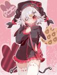  1girl 2026 :> abstract_background animal_print arknights artist_name bag beanie belt black_hat black_jacket bluesky_username cat_print character_name commentary_request copyright_name dated diamond-shaped_pupils diamond_(shape) english_text eye_print eyepatch hair_ornament hat highres jacket pink_background pleated_skirt popukar_(arknights) popukar_(witch's_swing)_(arknights) rabbit red_eyes red_skirt red_trim ribbon-trimmed_headwear ribbon_trim shoulder_bag sigma_4505 skirt smile solo straight-on symbol-shaped_pupils thighhighs two_side_up white_hair white_thighhighs x_hair_ornament 